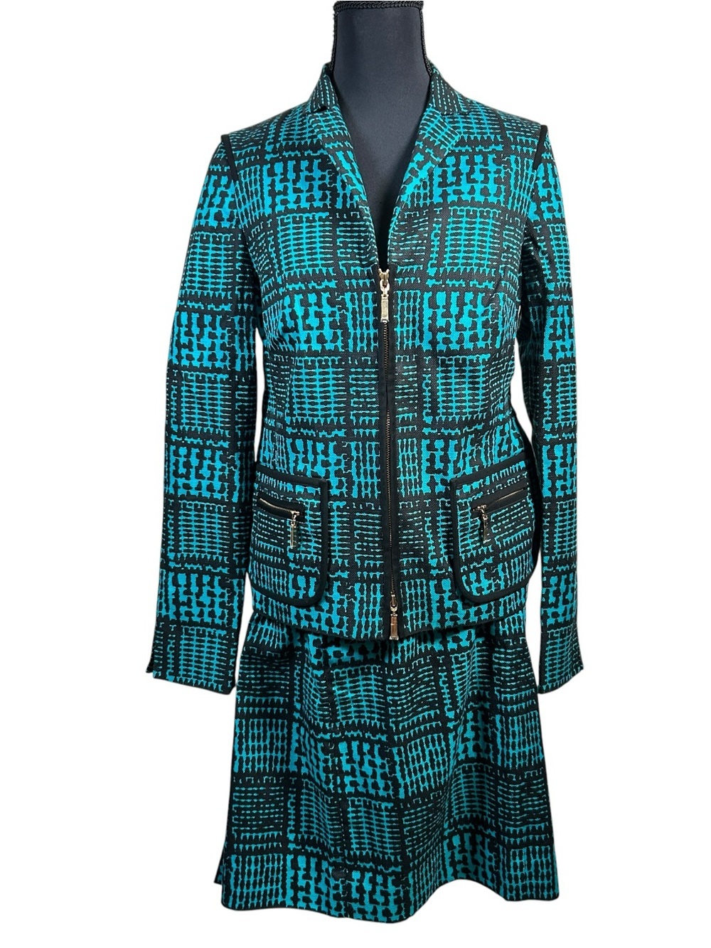 Vintage Carlisle Teal Black Graphic Geometric Skirt Suit Set 4